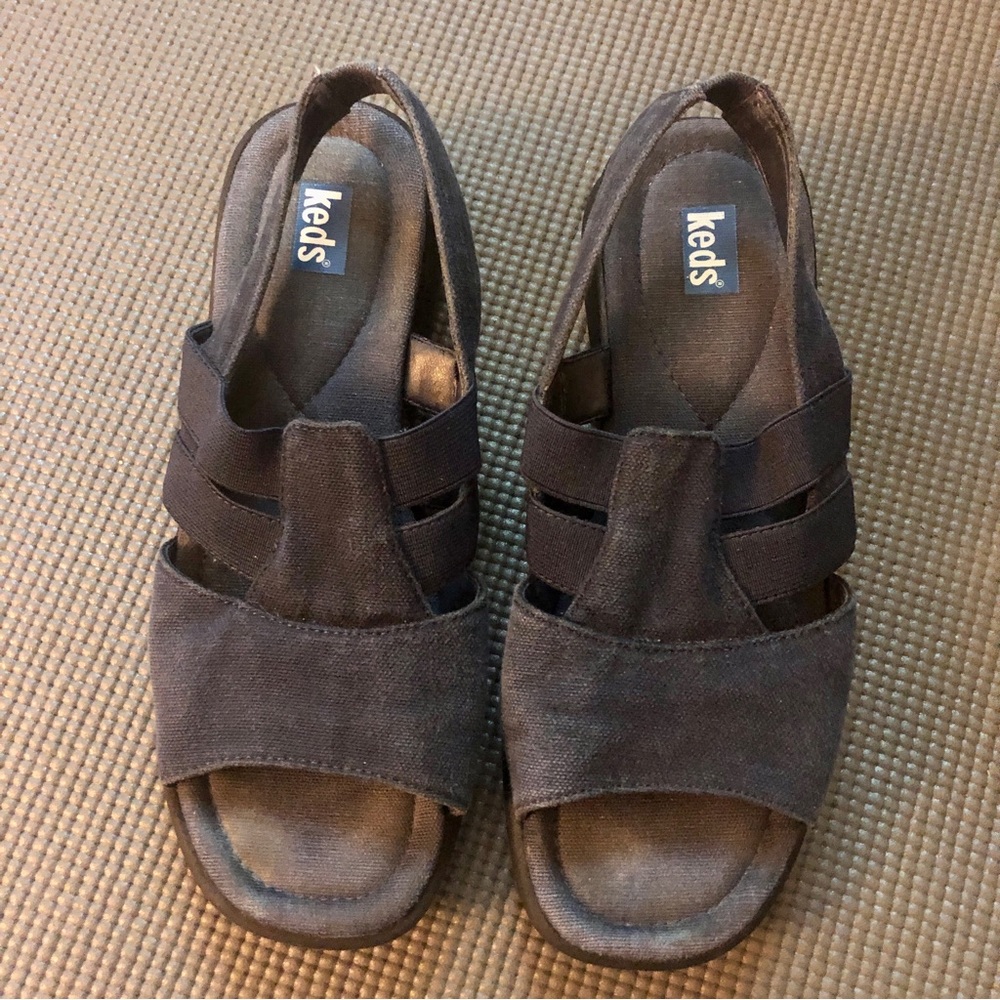 Vintage Keds Navy Blue Fabric Slingback Wedge Sandals - Picture 2 of 8